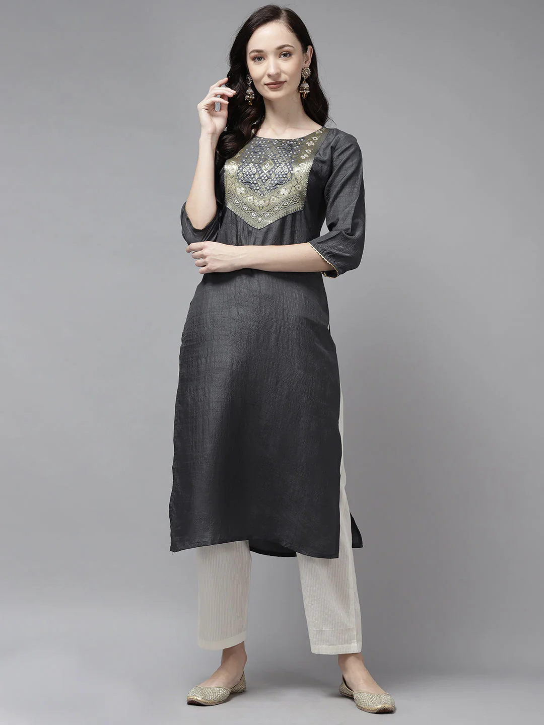 Indo Era Grey Solid Straight Kurta - Image 4