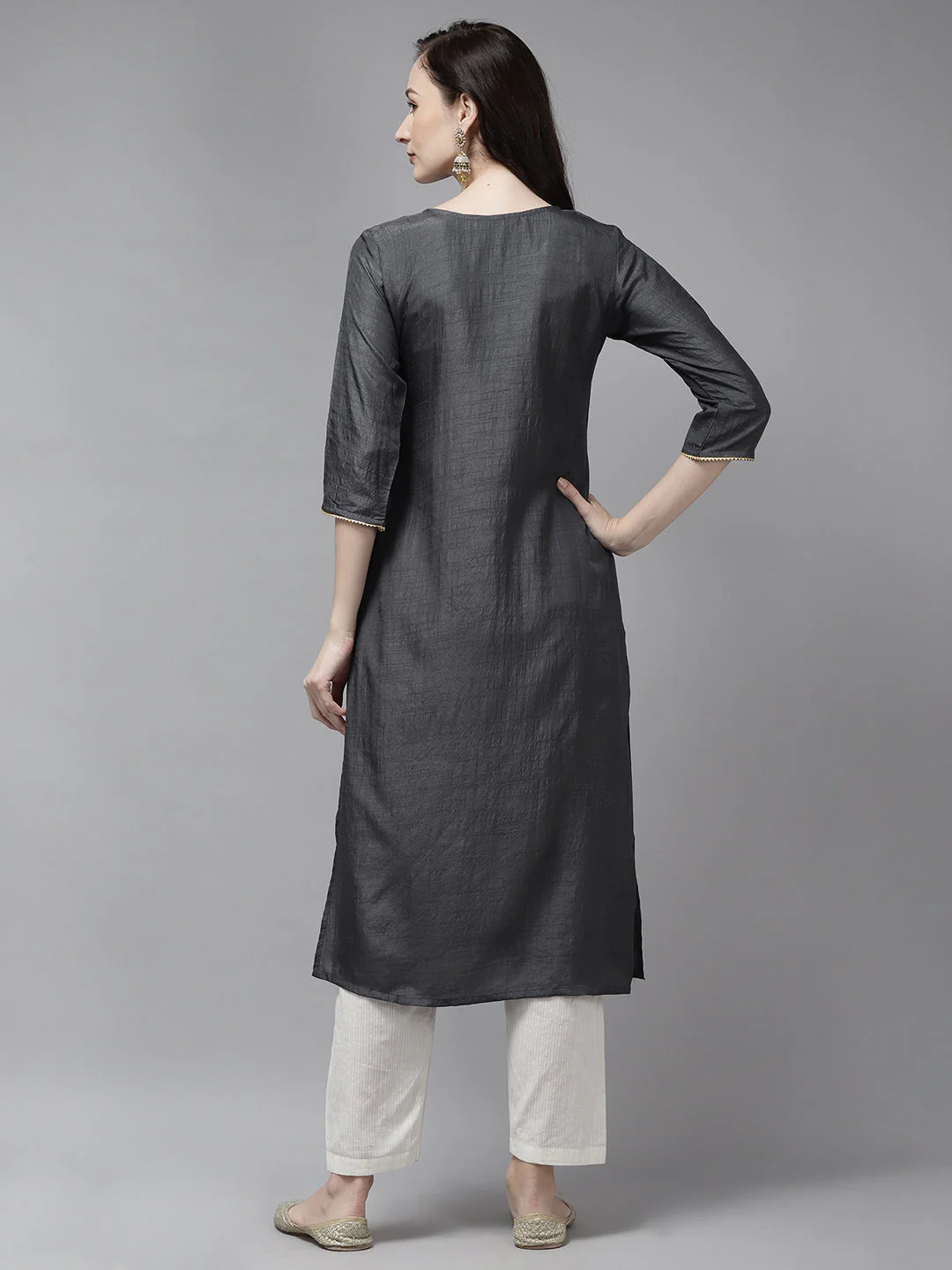 Indo Era Grey Solid Straight Kurta - Image 5
