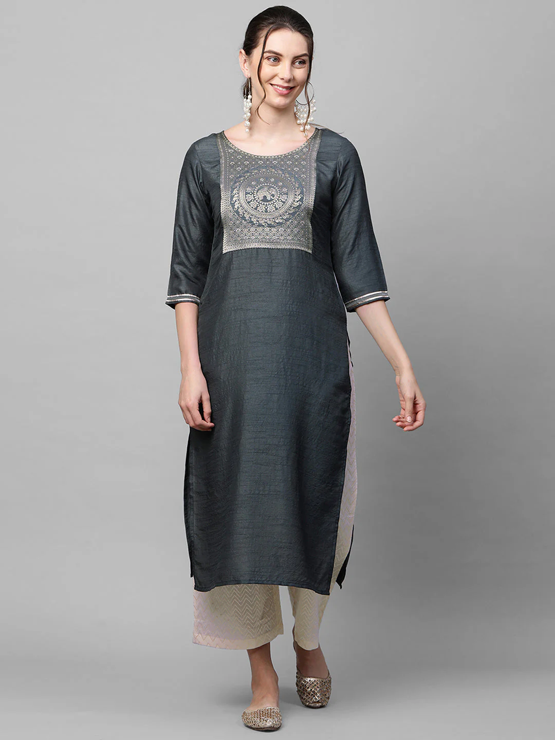Indo Era Grey Solid Straight Kurta - Image 4