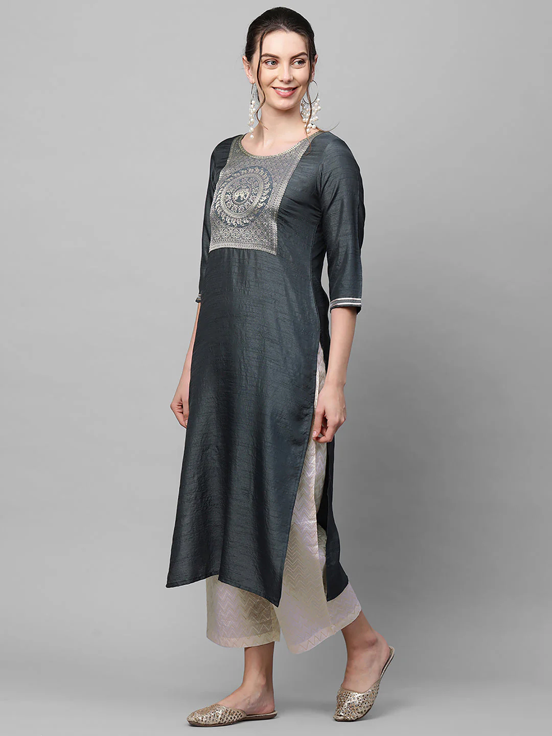 Indo Era Grey Solid Straight Kurta - Image 5