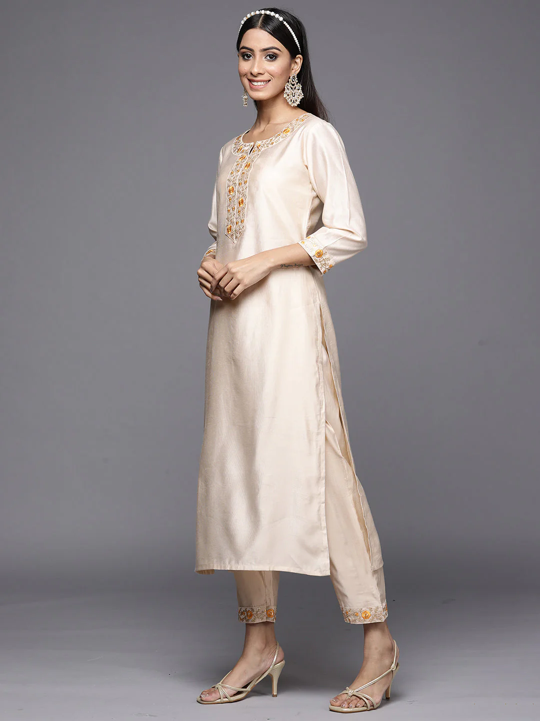Indo Era Kesariya White Embroidered Straight Kurta Trouser With Dupatta Set - Image 3