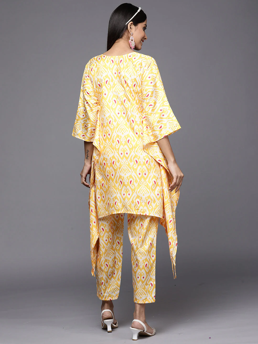 Indo Era Kesariya Yellow Printed A-Line Kaftan With Trouser Set - Image 3