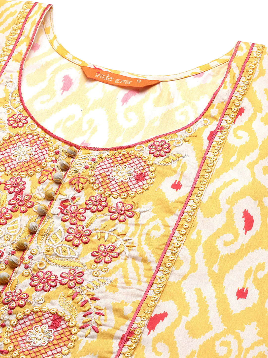 Indo Era Kesariya Yellow Printed A-Line Kaftan With Trouser Set - Image 4