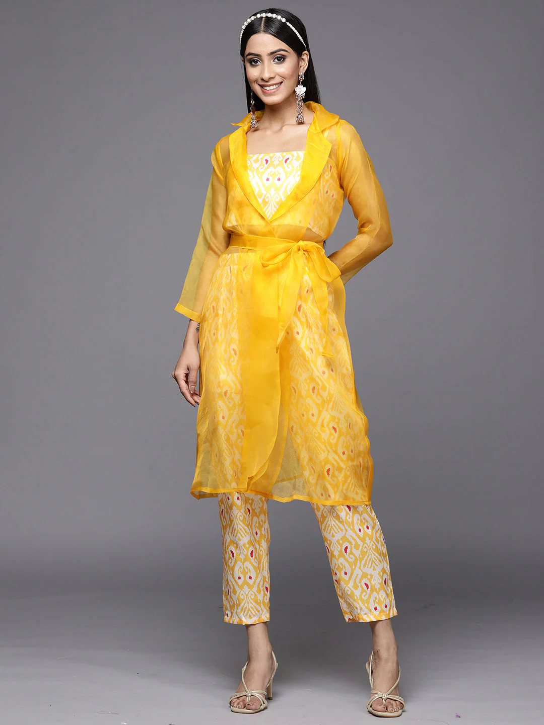Indo Era Kesariya Yellow Printed A-Line Kurta with Trouser Set - Image 3