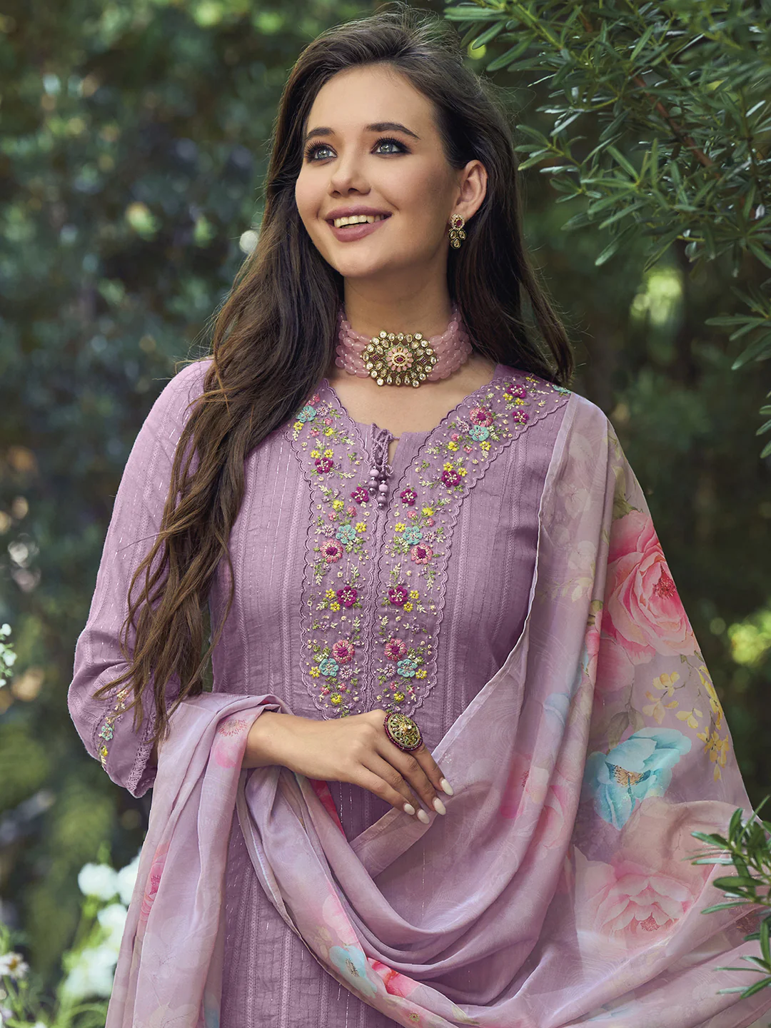 Lavender Floral Embroidered Pure Cotton Kurta With Trousers & Dupatta - Image 3