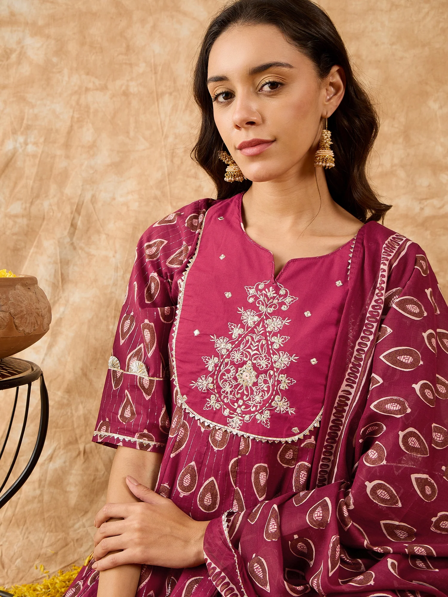 Indo Era Maroon Embroidered A-line Kurta Trouser With Dupatta Set - Image 3