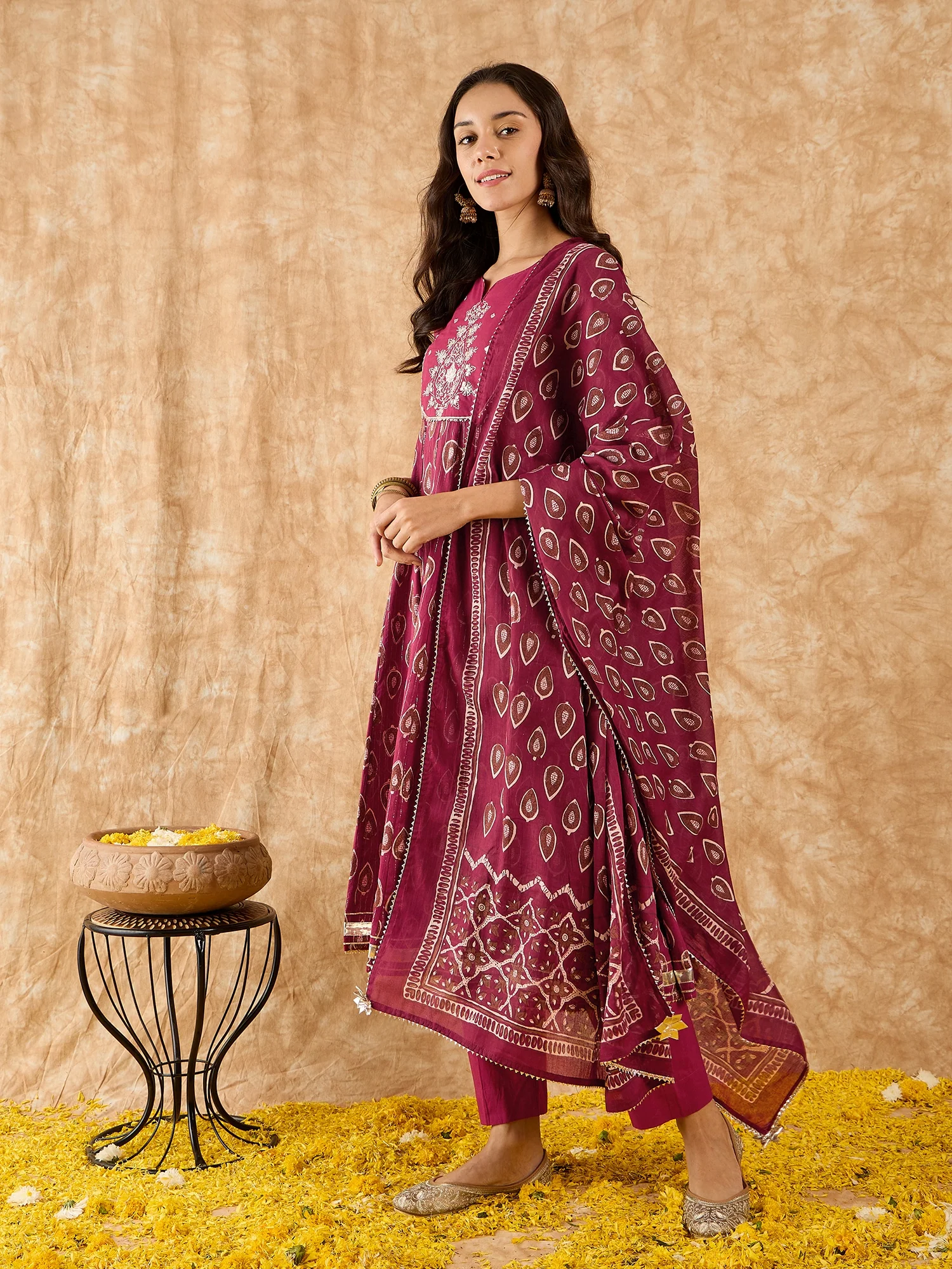 Indo Era Maroon Embroidered A-line Kurta Trouser With Dupatta Set - Image 4