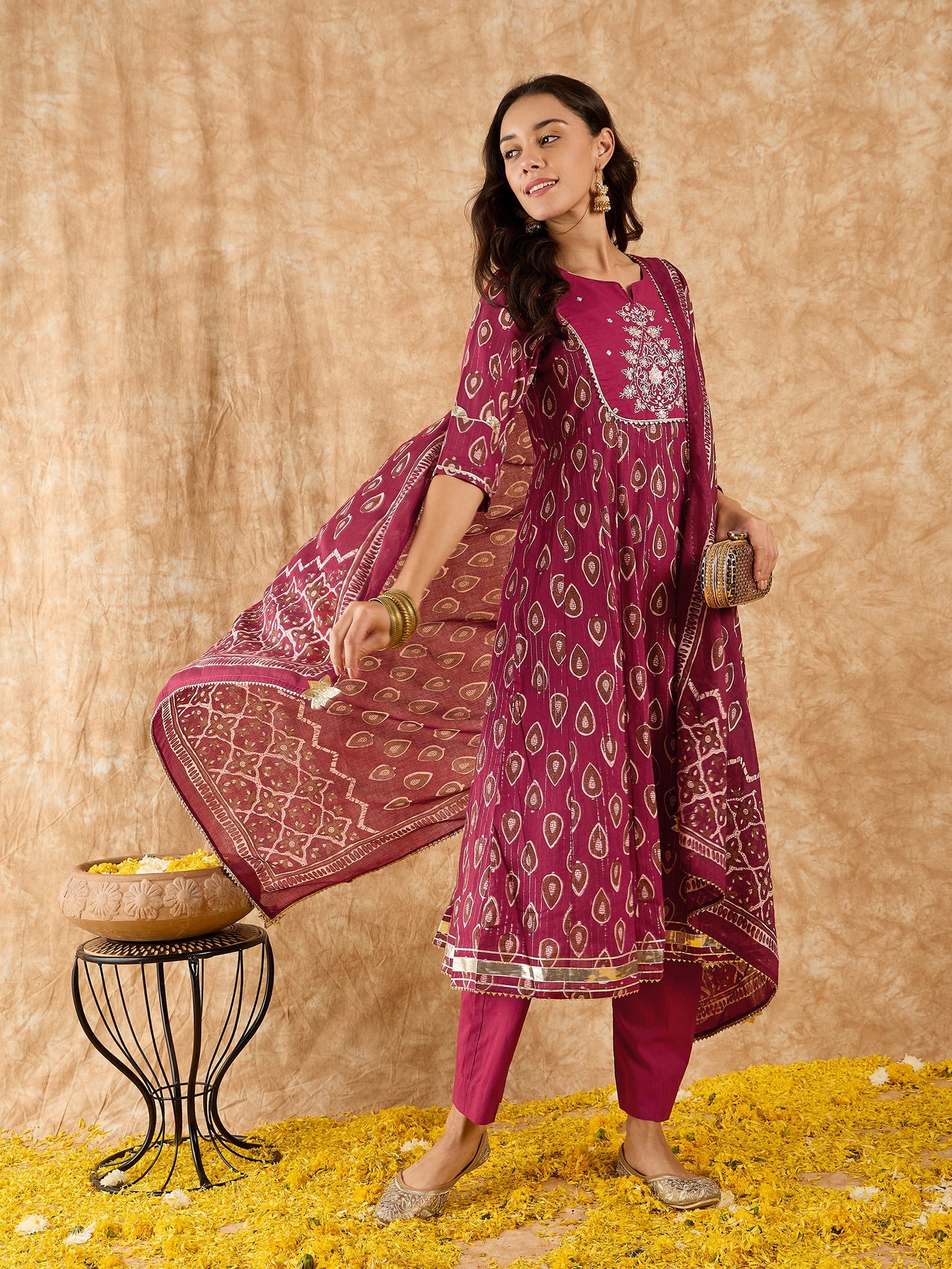 Indo Era Maroon Embroidered A-line Kurta Trouser With Dupatta Set - Image 5