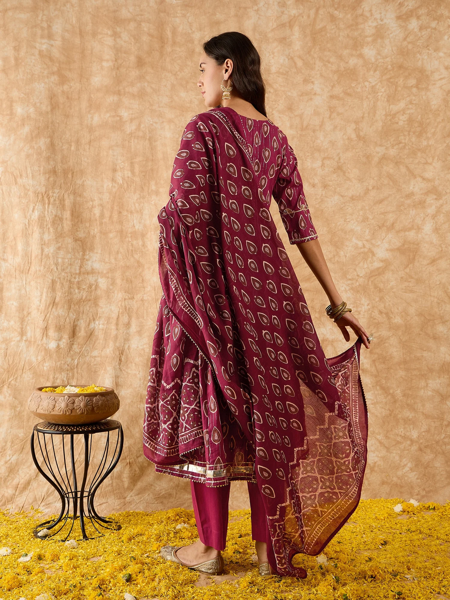 Indo Era Maroon Embroidered A-line Kurta Trouser With Dupatta Set - Image 6
