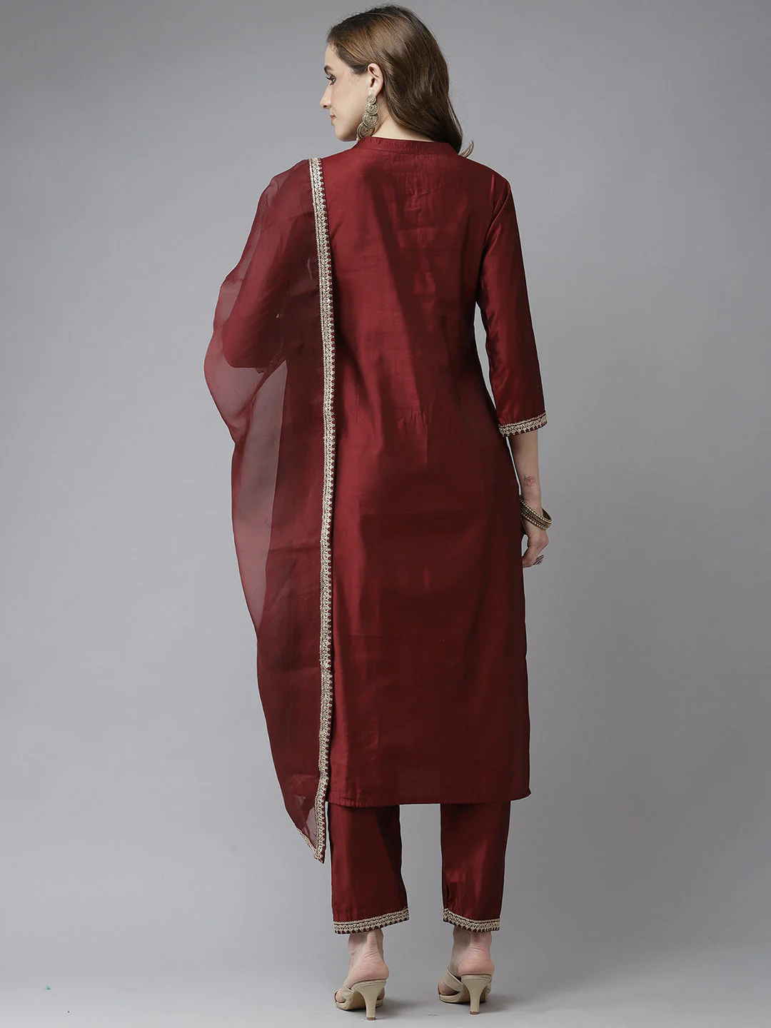 Indo Era Maroon Embroidered Straight Kurta Trouser With Dupatta Set - Image 4