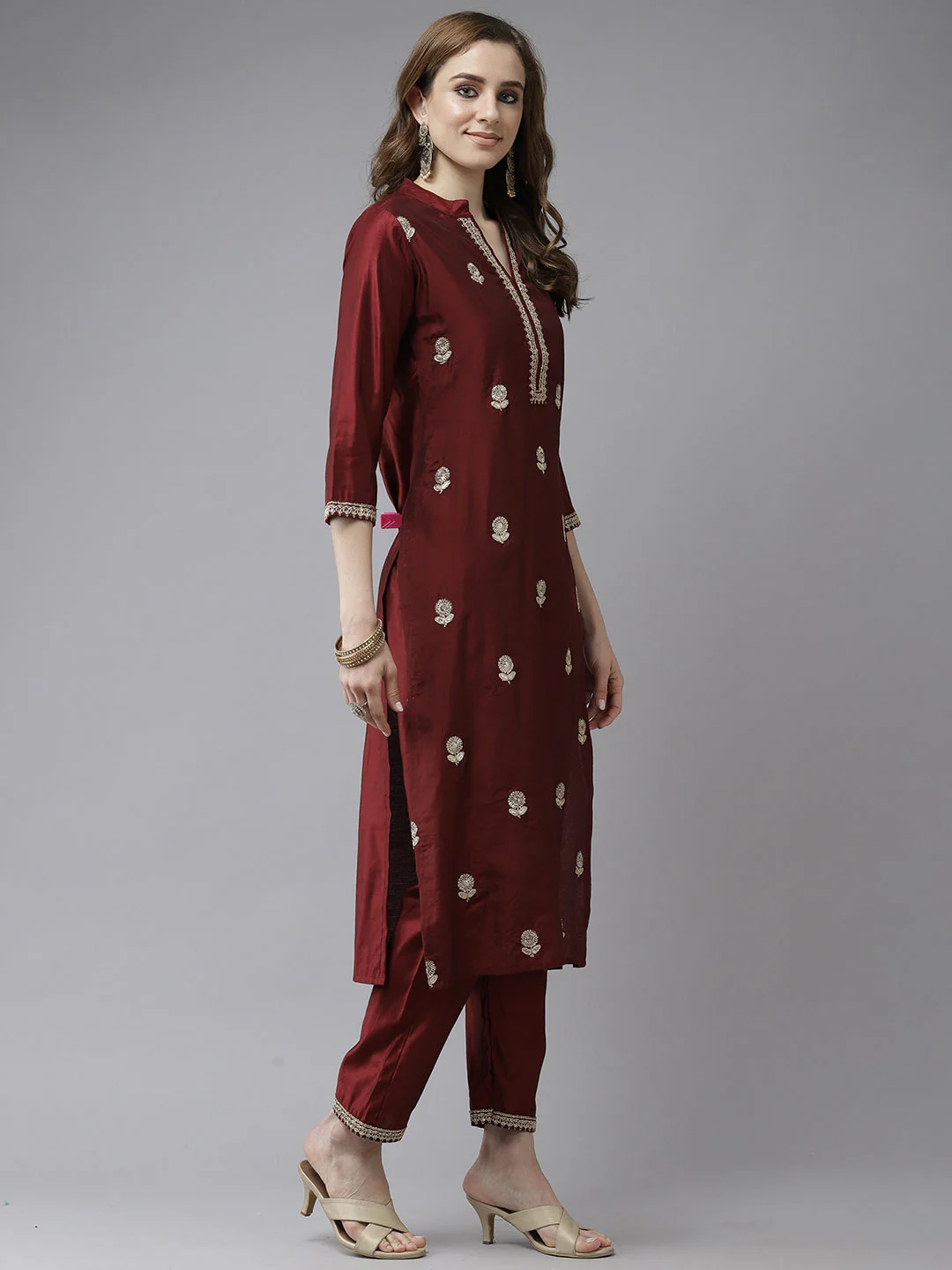Indo Era Maroon Embroidered Straight Kurta Trouser With Dupatta Set - Image 5