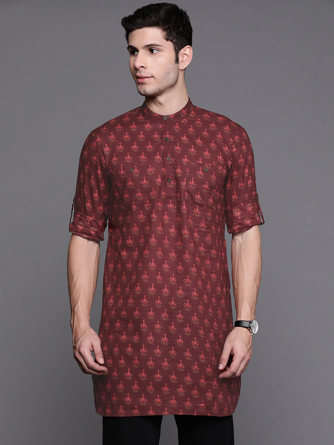 Indo Era Maroon Ethnic Motifs Cotton Straight Kurtas - Image 3