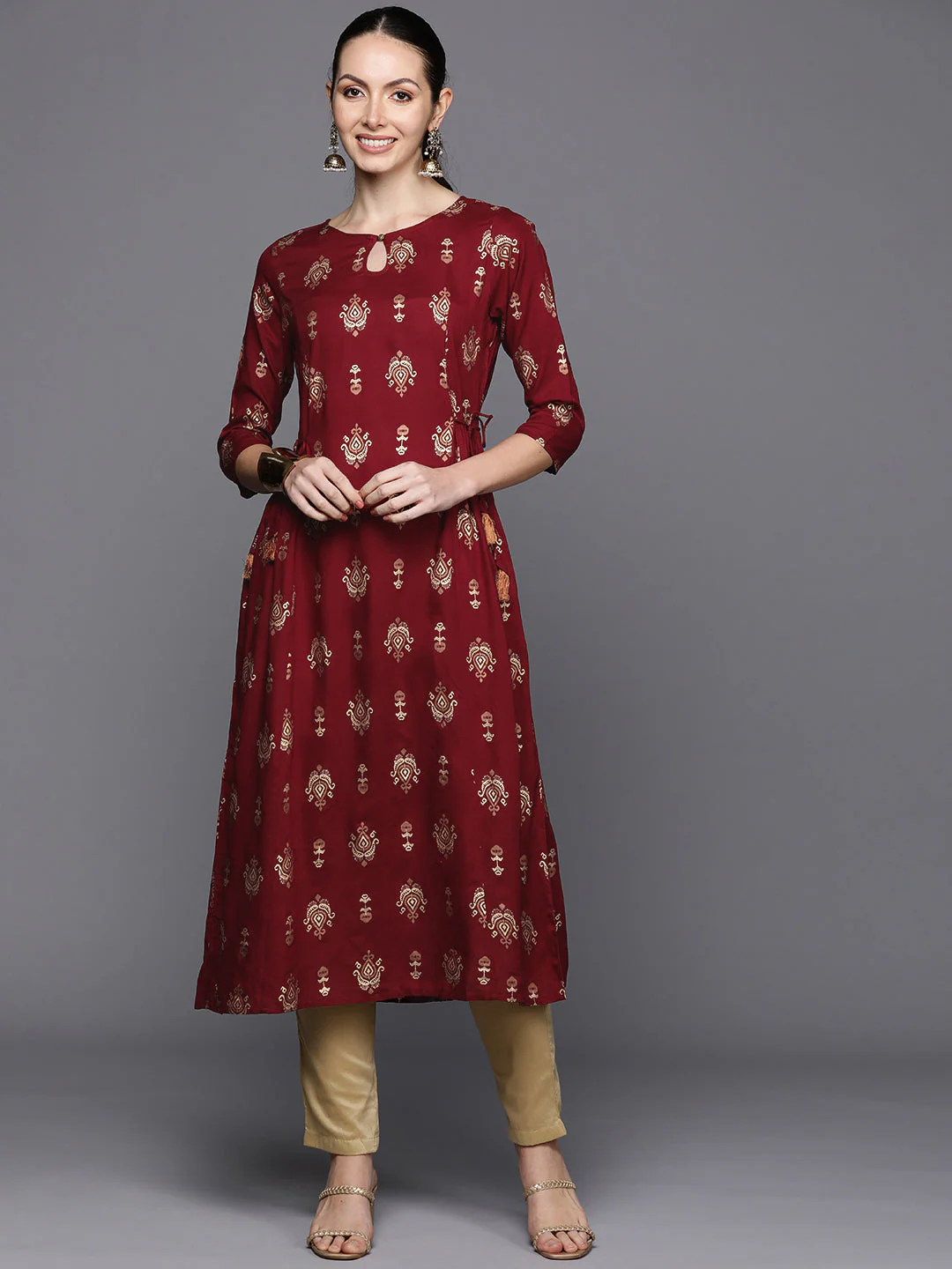 Indo Era Maroon Ethnic Motifs Printed Tie-Up Detail A-Line Kurta - Image 3