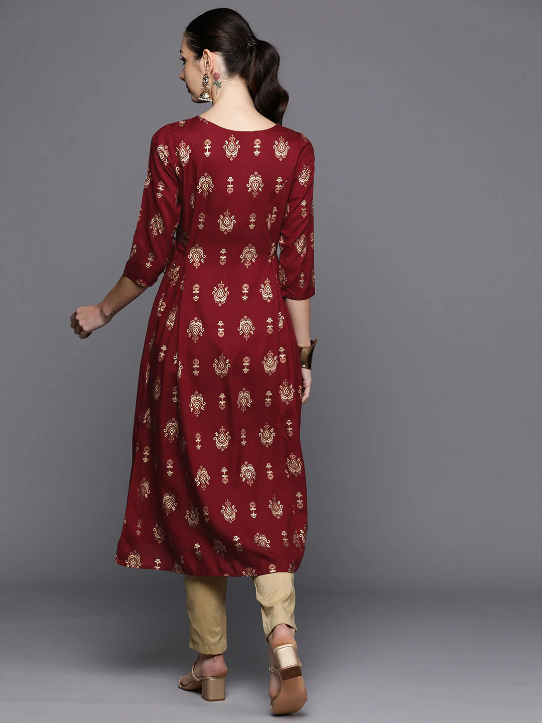 Indo Era Maroon Ethnic Motifs Printed Tie-Up Detail A-Line Kurta - Image 4