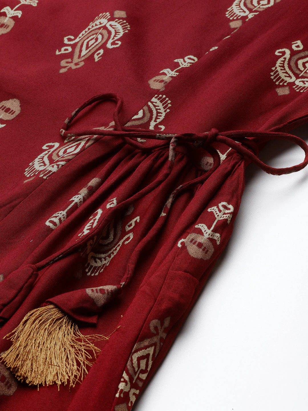 Indo Era Maroon Ethnic Motifs Printed Tie-Up Detail A-Line Kurta - Image 6