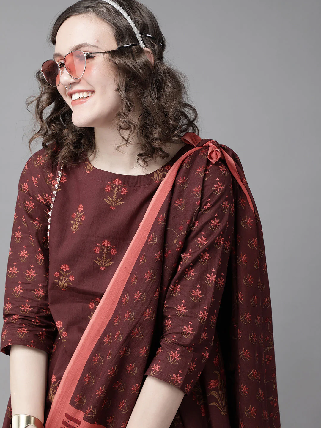 Indo Era Maroon Floral Printed A-Line Kurta with Palazzo Set - Image 3