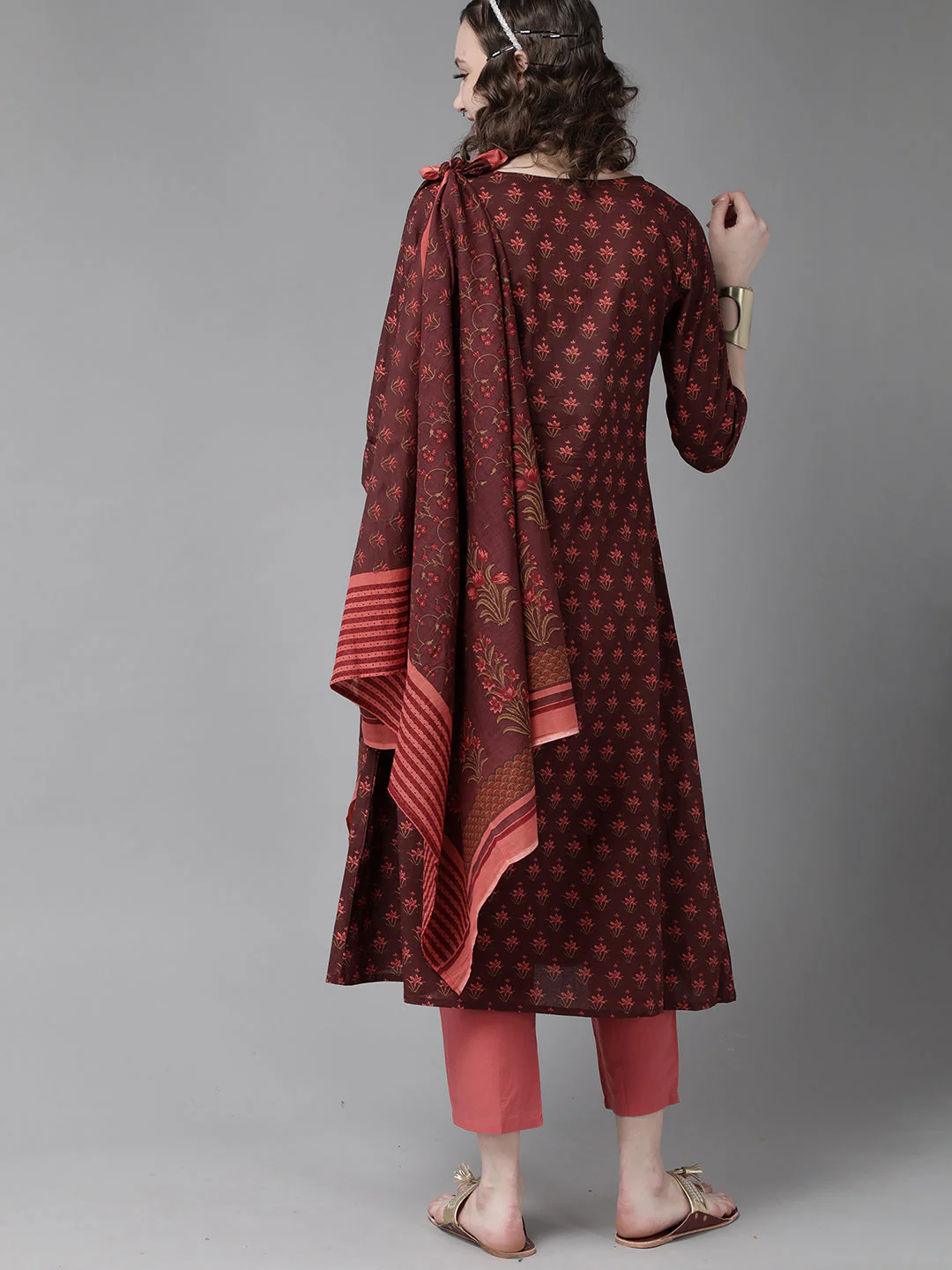 Indo Era Maroon Floral Printed A-Line Kurta with Palazzo Set - Image 5