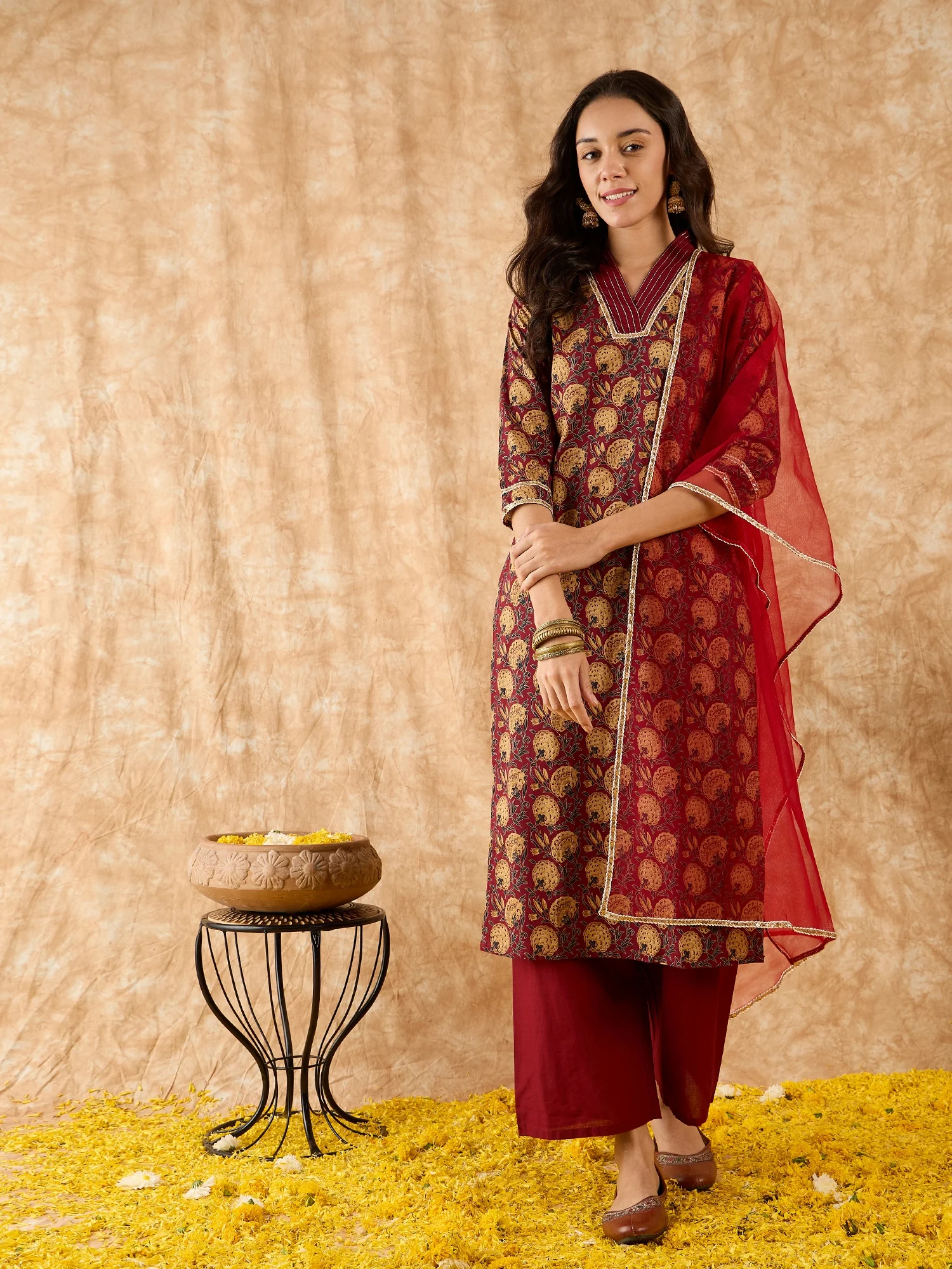 Indo Era Maroon Printed Straight Kurta Palazzo With Dupatta Set - Image 3