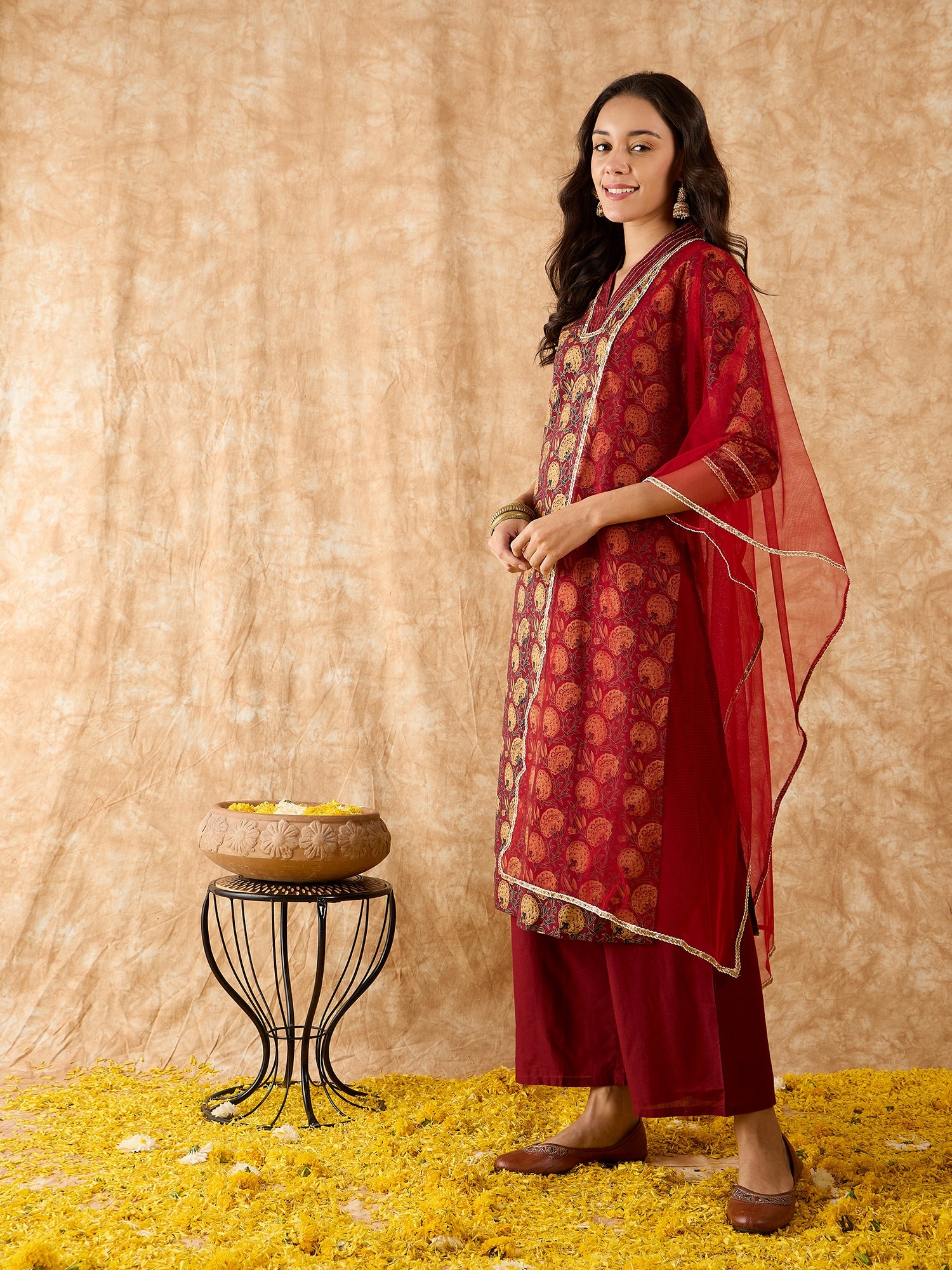 Indo Era Maroon Printed Straight Kurta Palazzo With Dupatta Set - Image 4