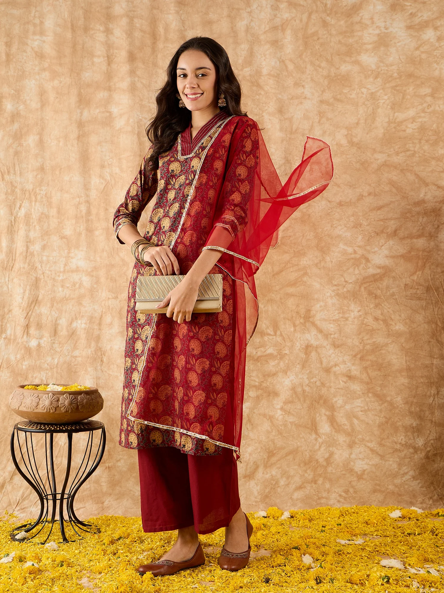 Indo Era Maroon Printed Straight Kurta Palazzo With Dupatta Set - Image 5