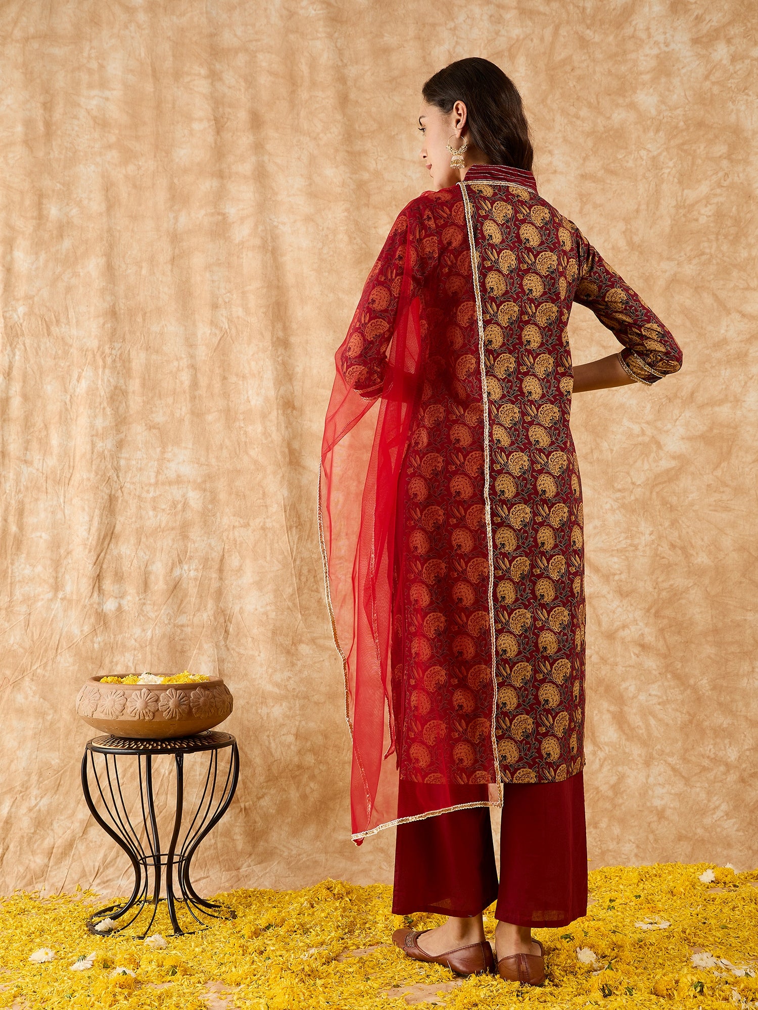 Indo Era Maroon Printed Straight Kurta Palazzo With Dupatta Set - Image 6