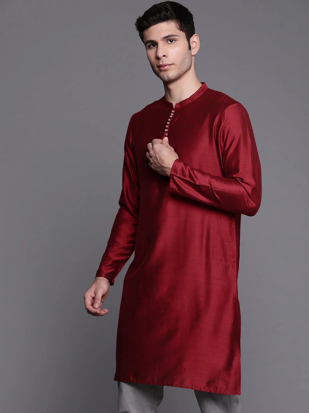 Indo Era Maroon Solid Chanderi Cotton Straight Kurtas - Image 3