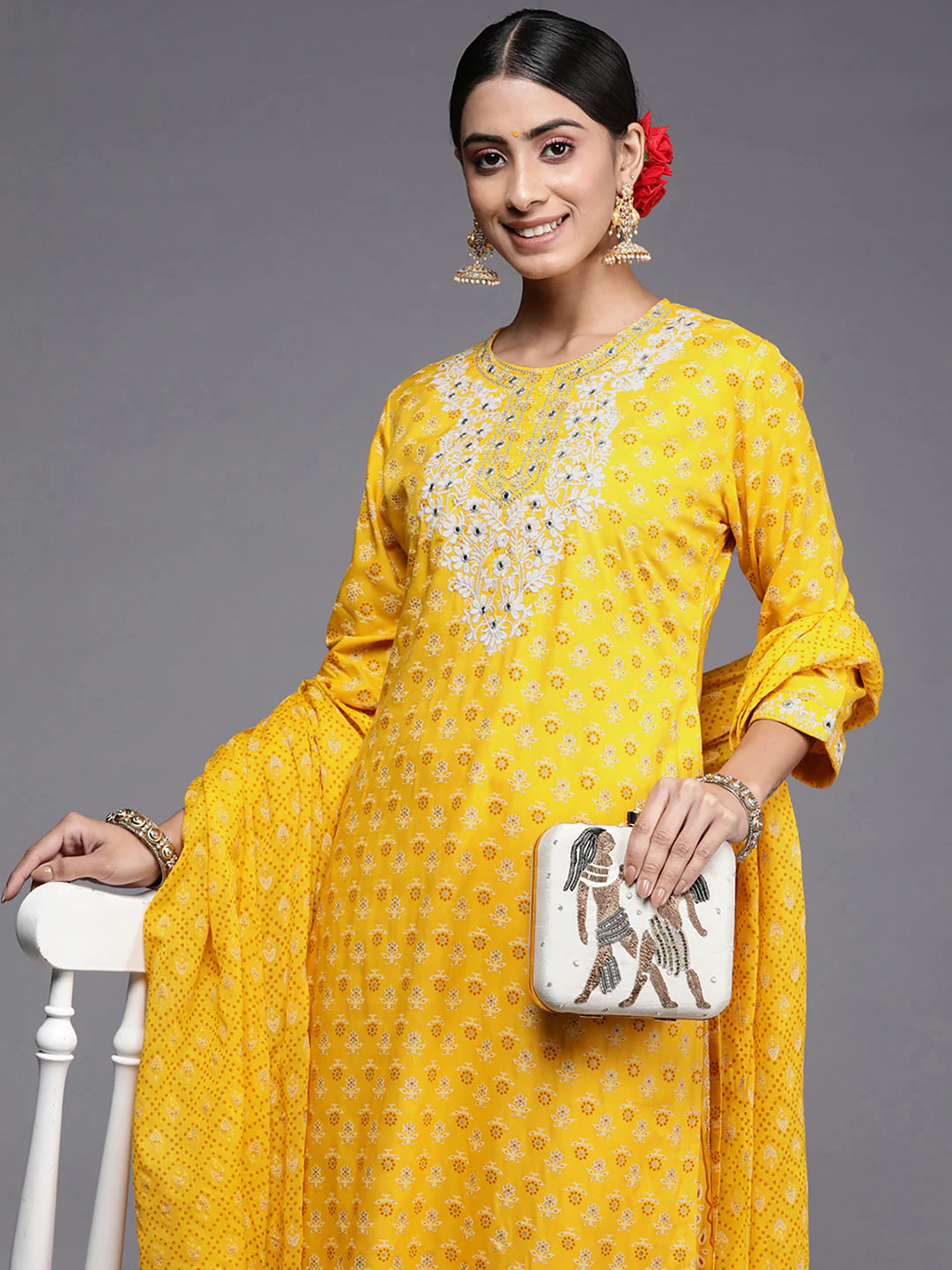 Indo Era Mustard Embroidered Straight Kurta Trousers With Dupatta Set - Image 3