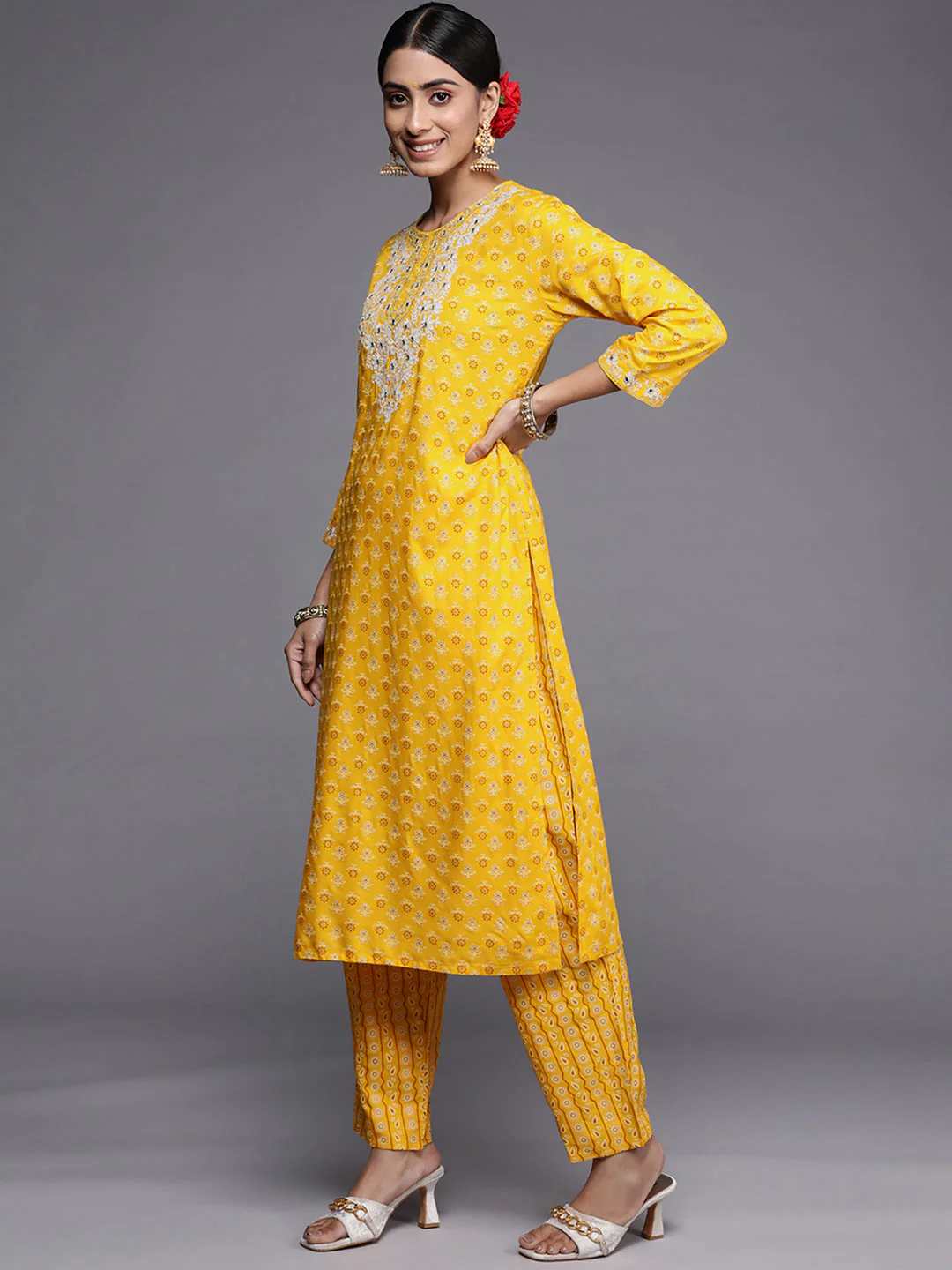 Indo Era Mustard Embroidered Straight Kurta Trousers With Dupatta Set - Image 4