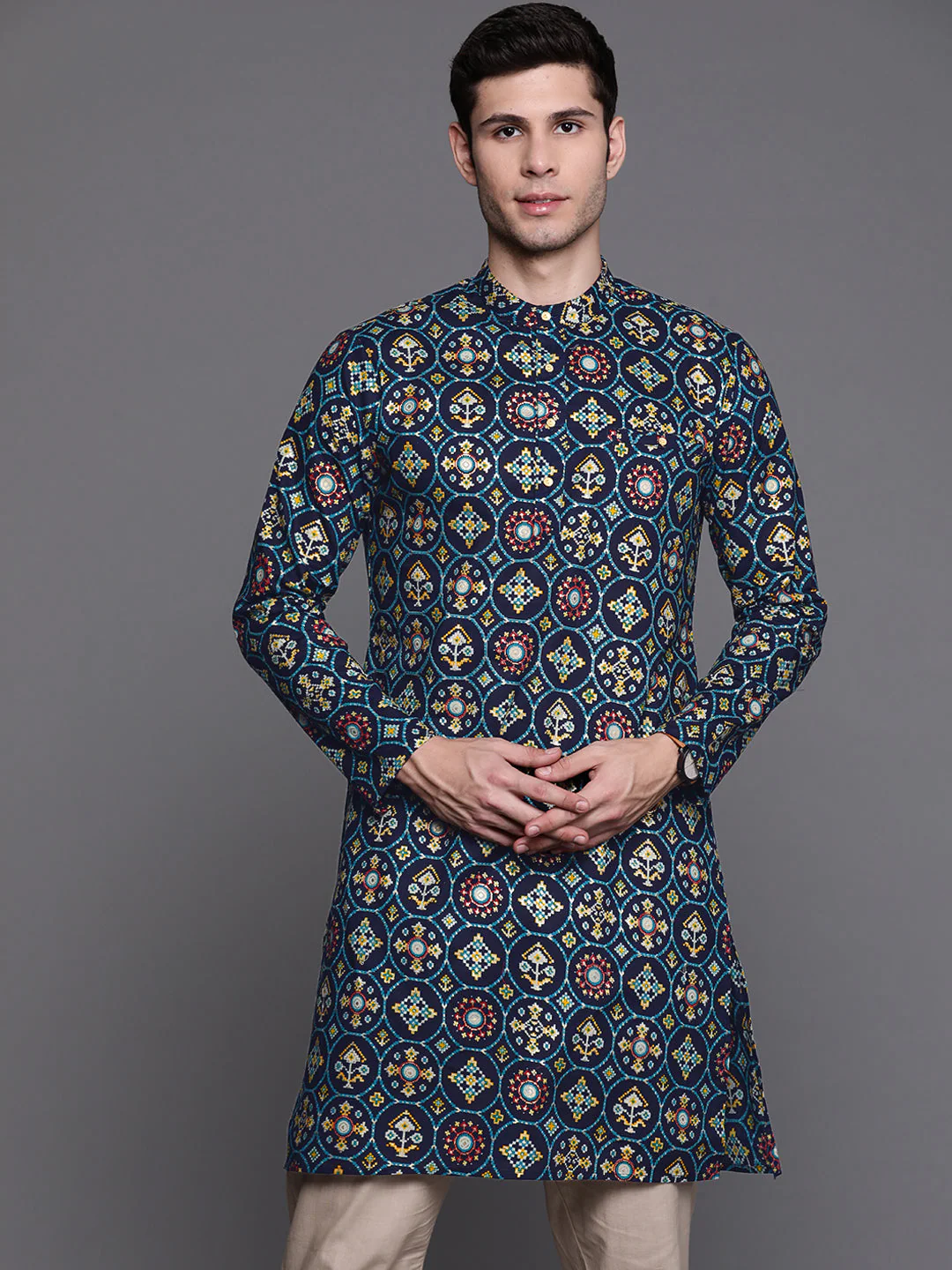 Navy Blue Block Print Cotton Straight Kurtas - Image 3