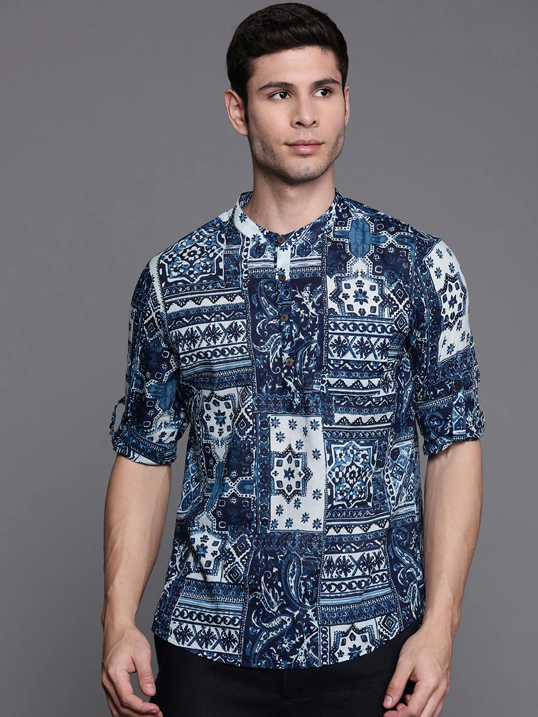 Indo Era Navy Blue Ethnic Motifs Cotton Straight Kurtas - Image 3