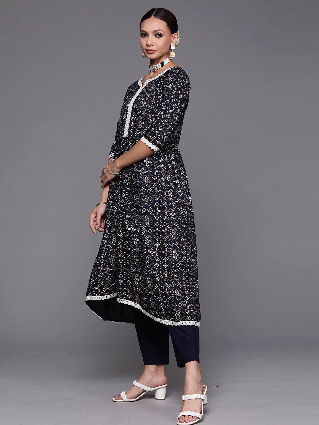 Indo Era Navy Blue Foil Printed A-line Kurta Trouser With Dupatta Set - Image 3