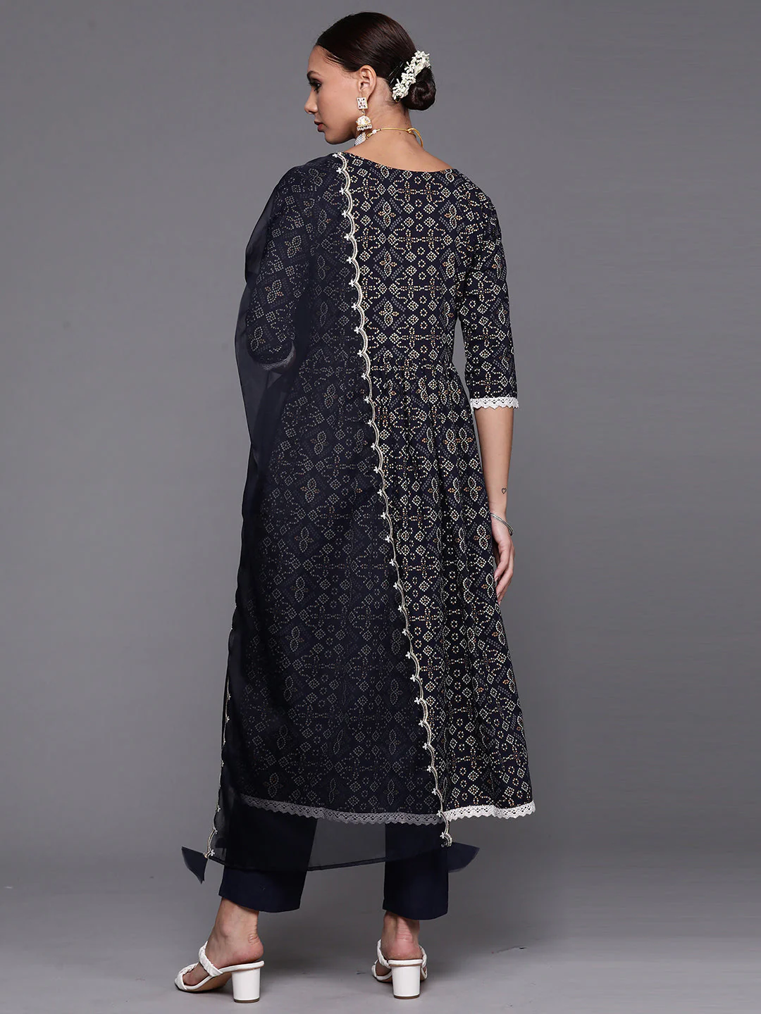 Indo Era Navy Blue Foil Printed A-line Kurta Trouser With Dupatta Set - Image 4