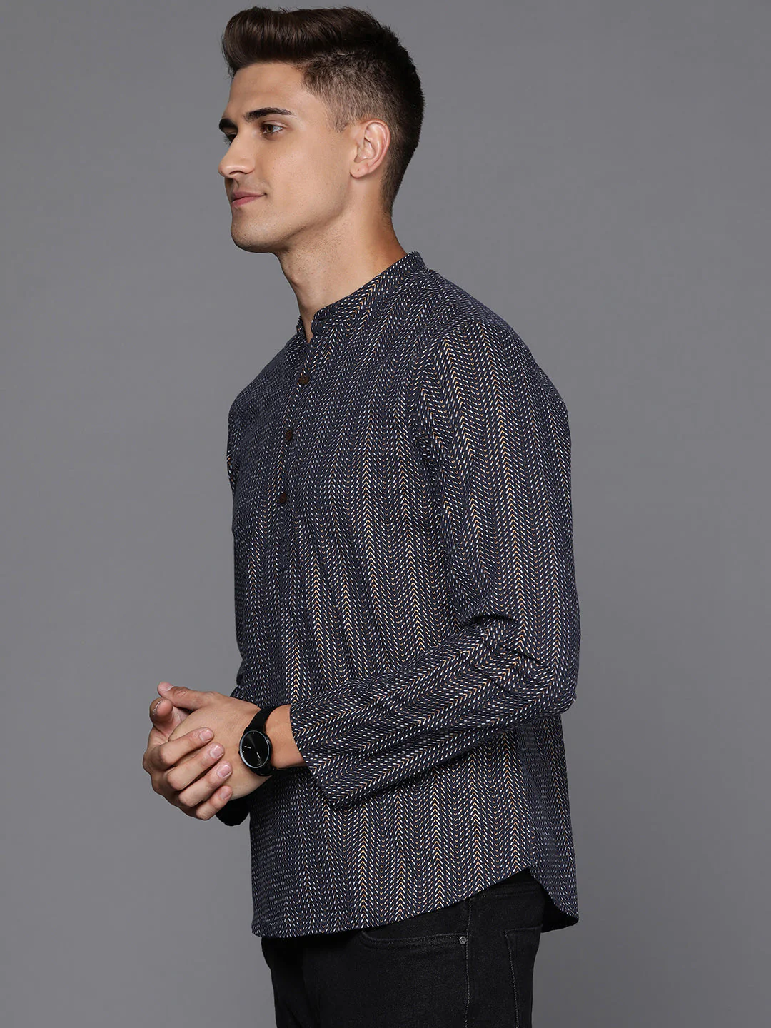 Indo Era Navy Blue Herringbone Cotton Straight Kurtas - Image 3
