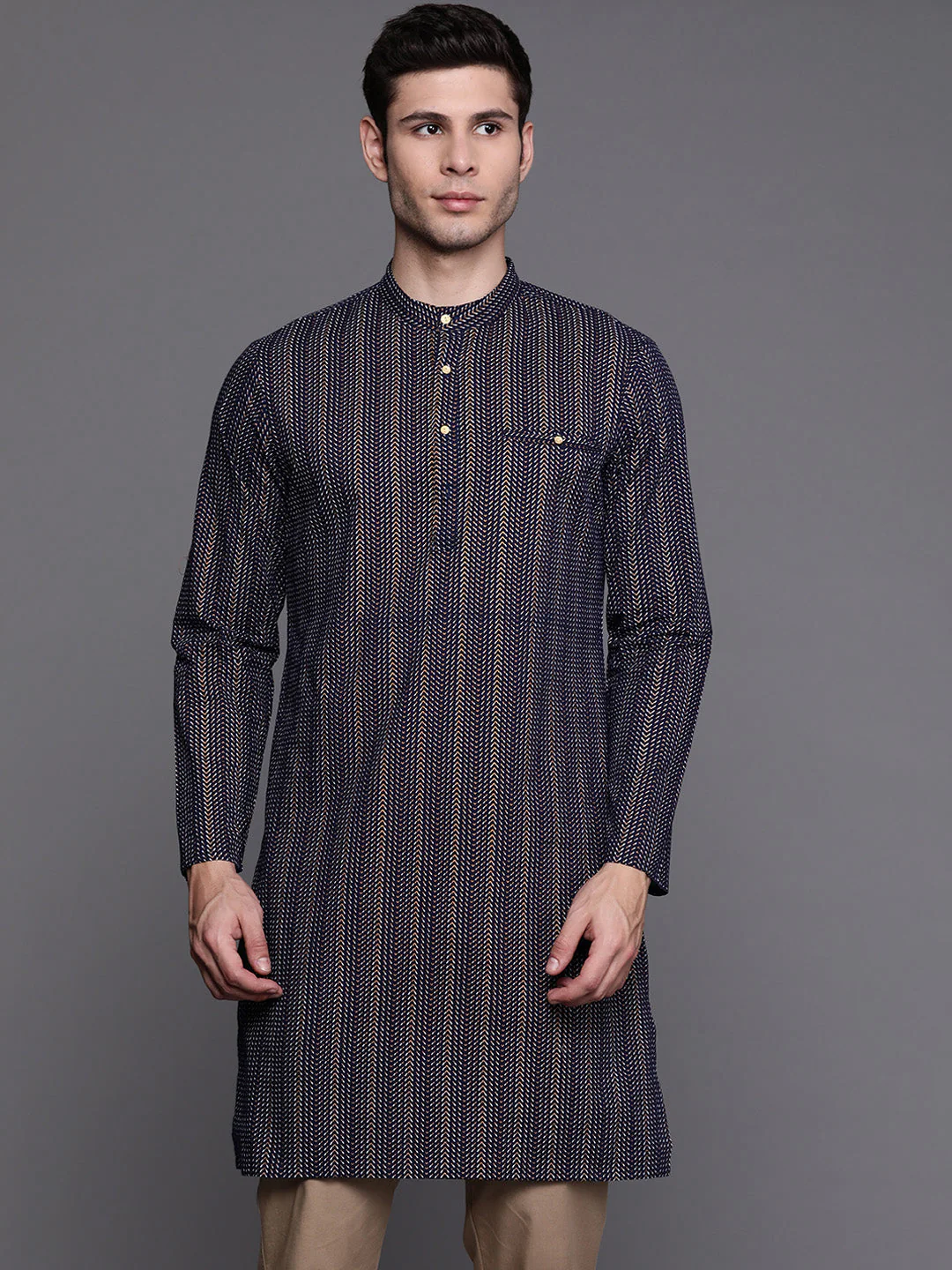Navy Blue Herringbone Cotton Straight Kurtas - Image 3