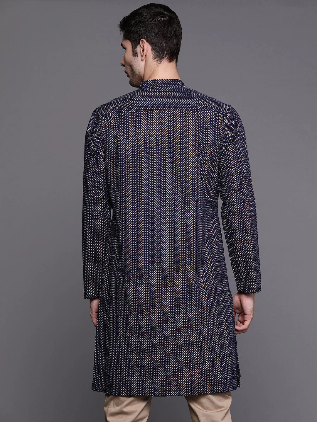 Navy Blue Herringbone Cotton Straight Kurtas - Image 4