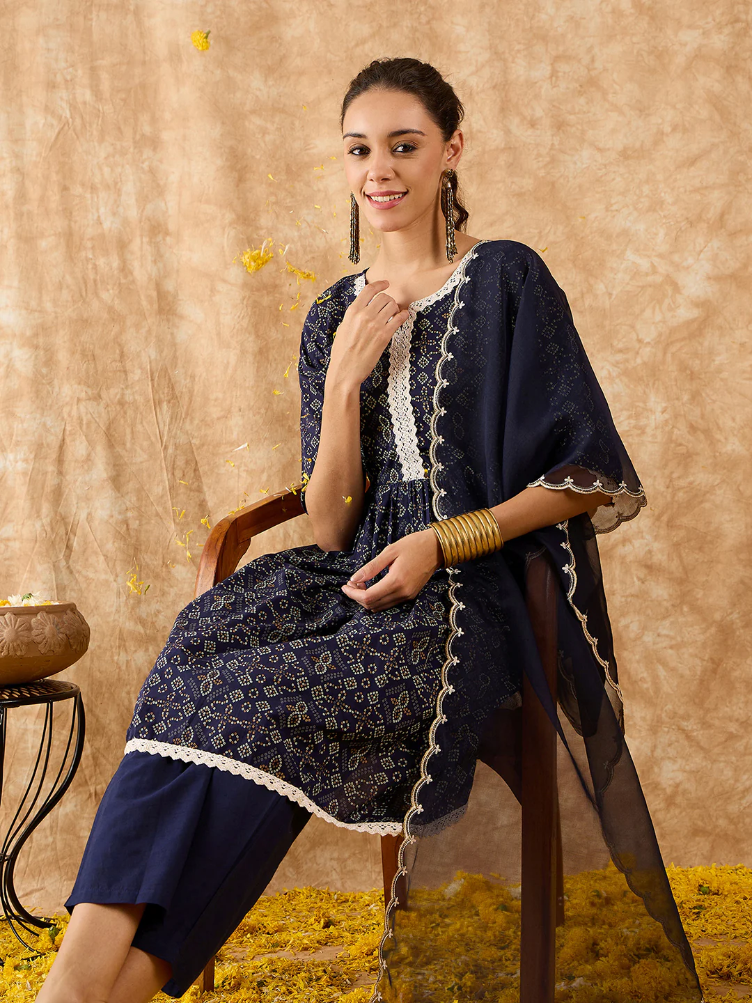 Indo Era Navy Blue Printed A-line Kurta Palazzo With Dupatta Set - Image 3