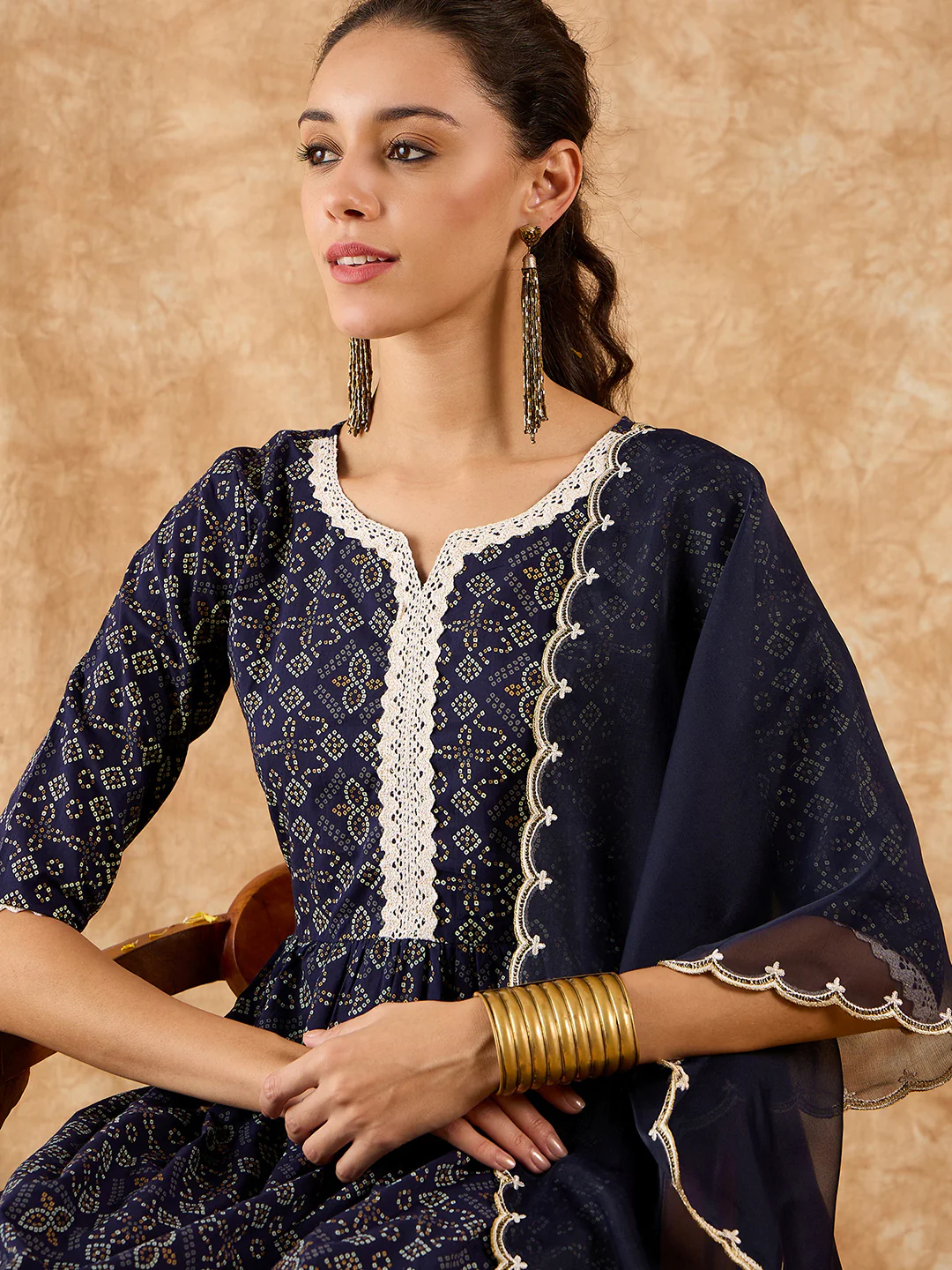 Indo Era Navy Blue Printed A-line Kurta Palazzo With Dupatta Set - Image 4