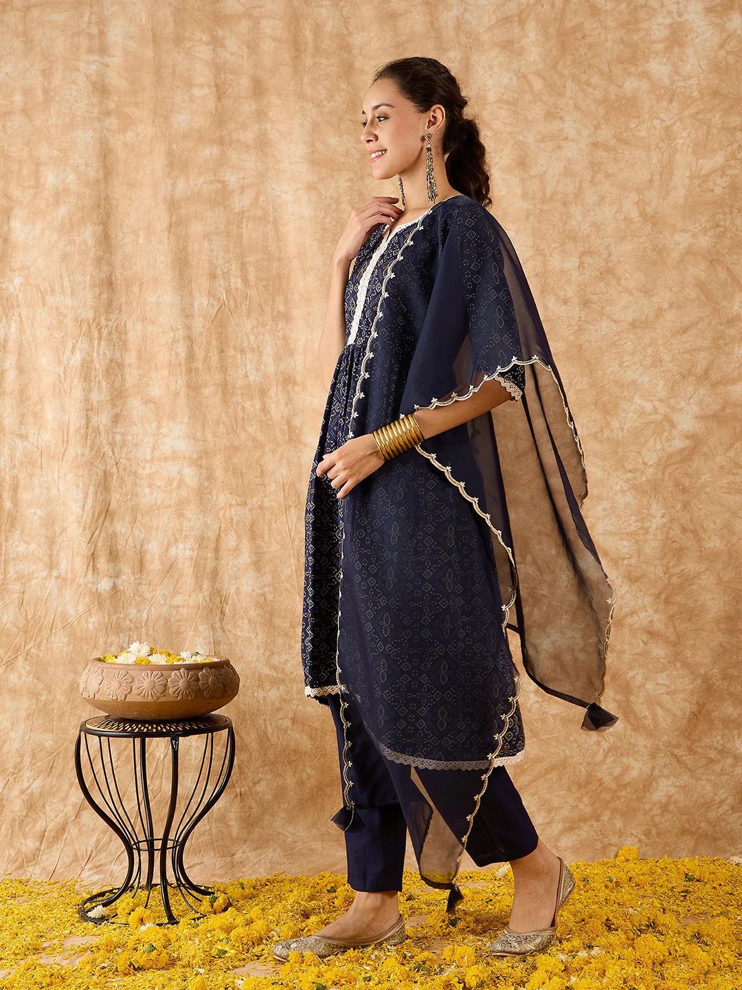 Indo Era Navy Blue Printed A-line Kurta Palazzo With Dupatta Set - Image 5