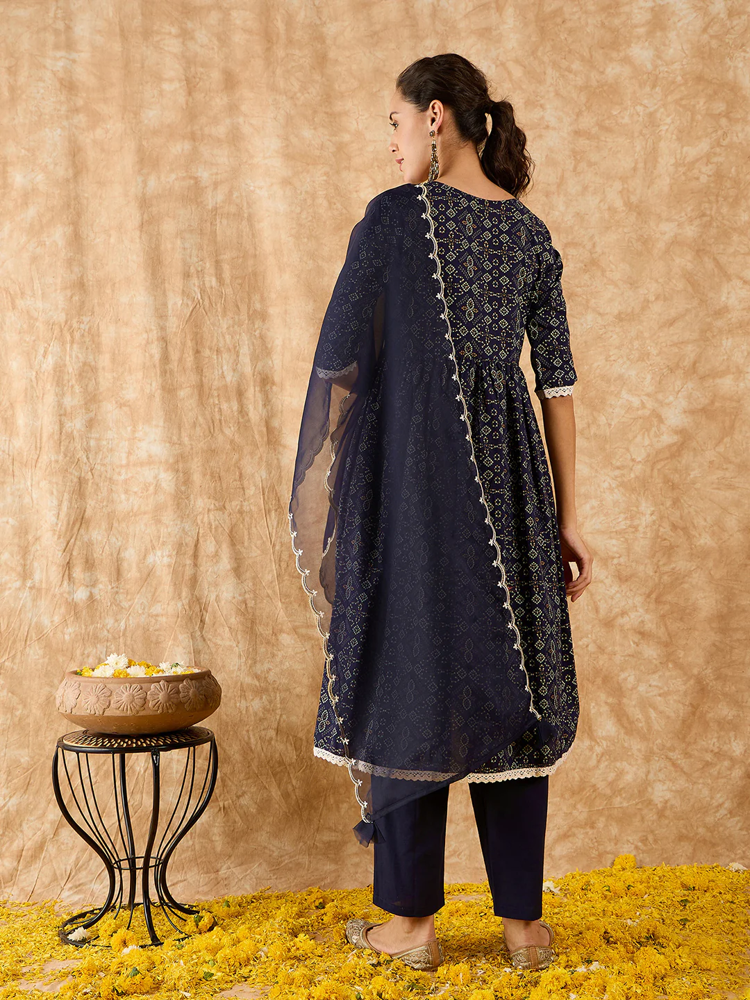 Indo Era Navy Blue Printed A-line Kurta Palazzo With Dupatta Set - Image 6