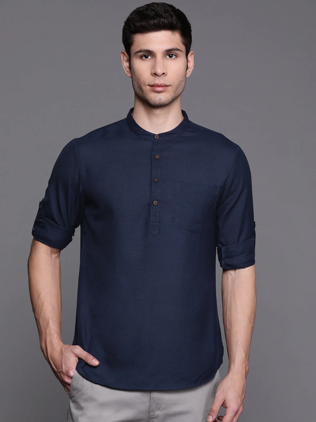 Indo Era Navy Blue Solid Cotton Straight Kurtas - Image 3