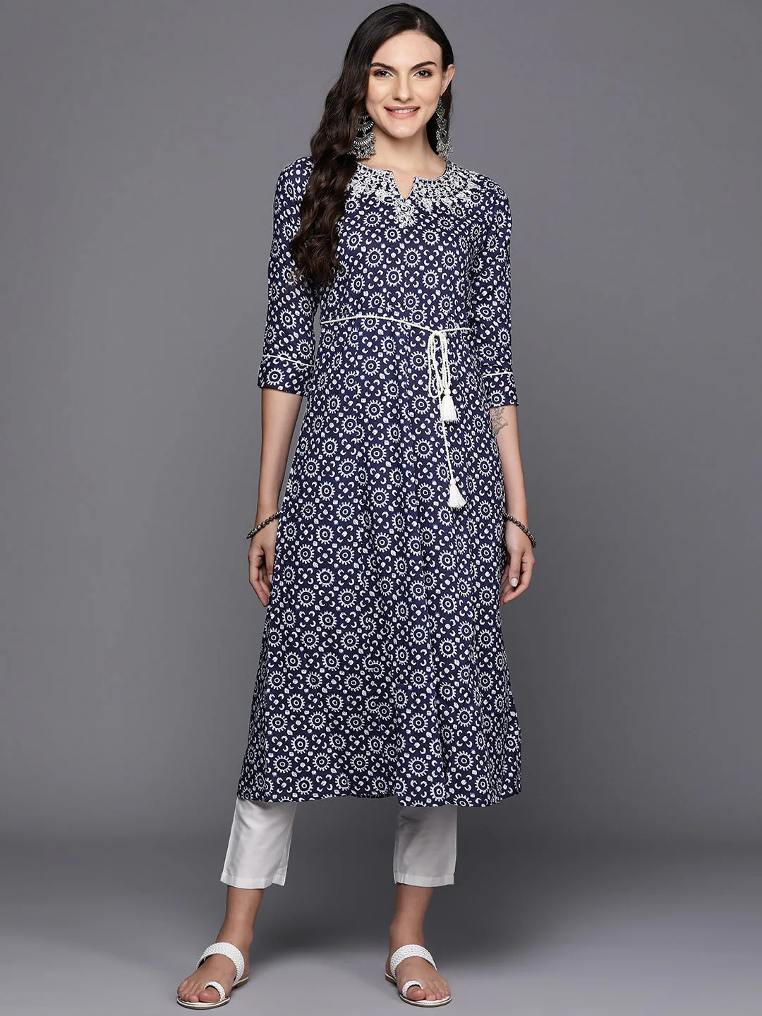 Indo Era Navy Ethnic Motifs Printed Mirror Work & Embroidered Detail A-Line Kurta with Belt - Image 3