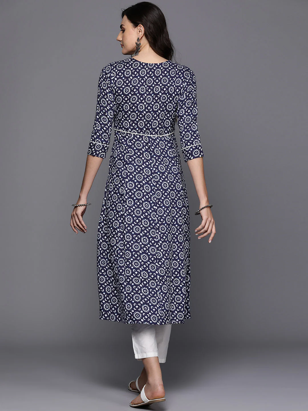 Indo Era Navy Ethnic Motifs Printed Mirror Work & Embroidered Detail A-Line Kurta with Belt - Image 4
