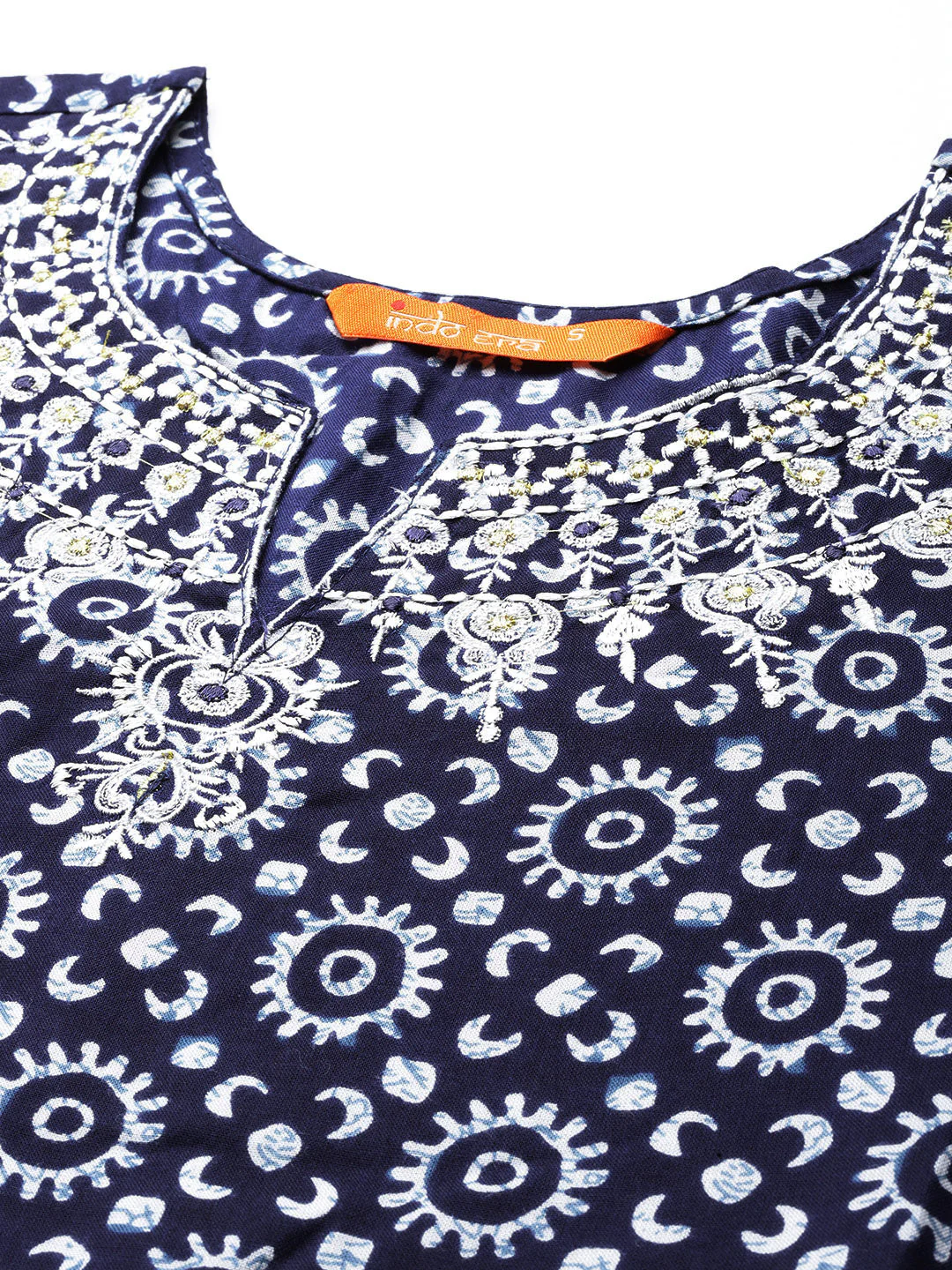 Indo Era Navy Ethnic Motifs Printed Mirror Work & Embroidered Detail A-Line Kurta with Belt - Image 5