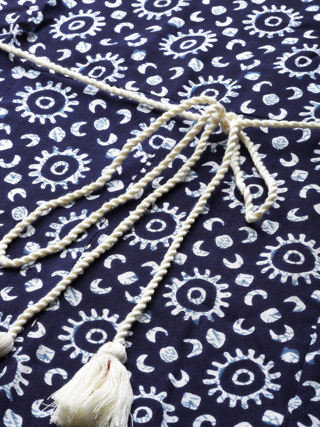 Indo Era Navy Ethnic Motifs Printed Mirror Work & Embroidered Detail A-Line Kurta with Belt - Image 6