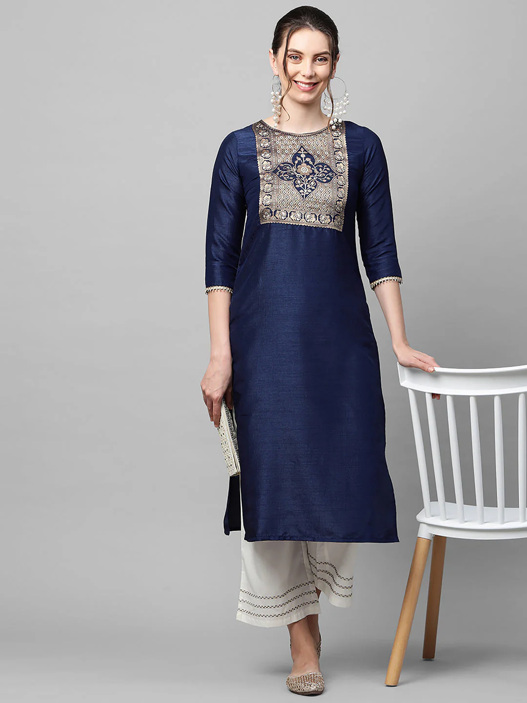 Indo Era Navy Solid Blue Straight Kurta - Image 3