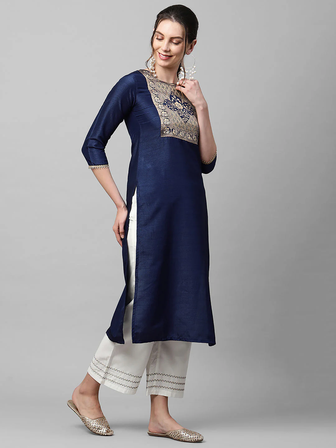 Indo Era Navy Solid Blue Straight Kurta - Image 4