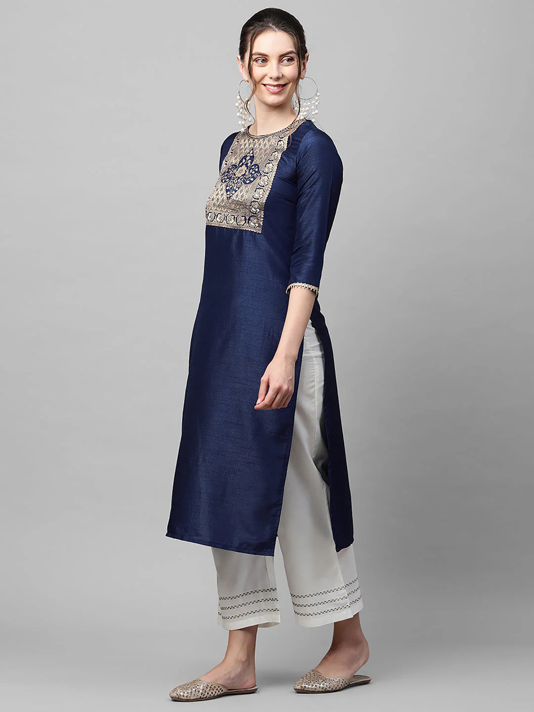 Indo Era Navy Solid Blue Straight Kurta - Image 5