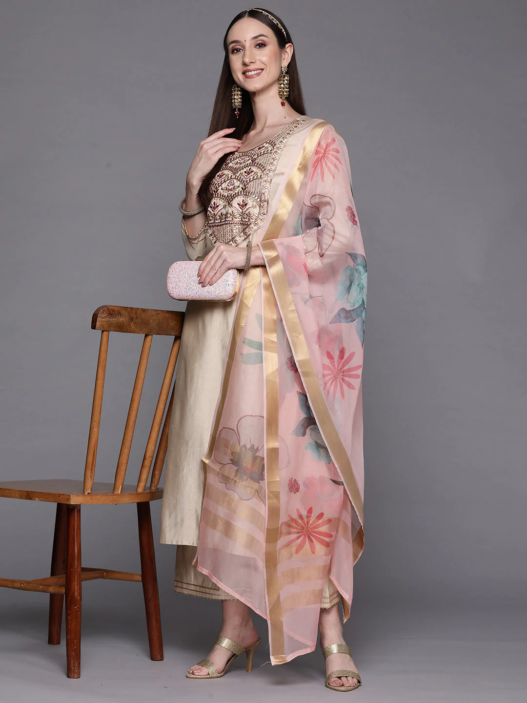 Indo Era Off White Embroidered Straight Kurta Palazzos With Dupatta Set - Image 3