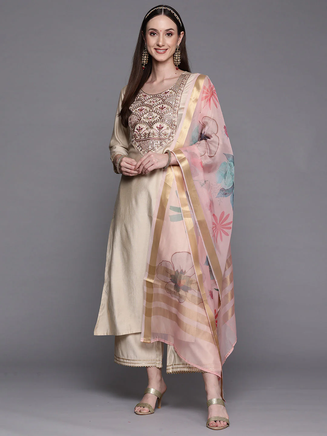 Indo Era Off White Embroidered Straight Kurta Palazzos With Dupatta Set - Image 4