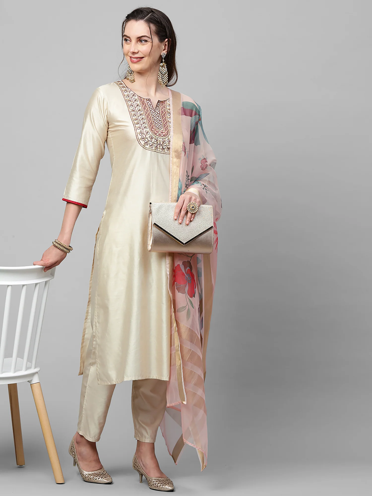 Indo Era Off White Embroidered Straight Kurta Trouser With Dupatta Set - Image 3